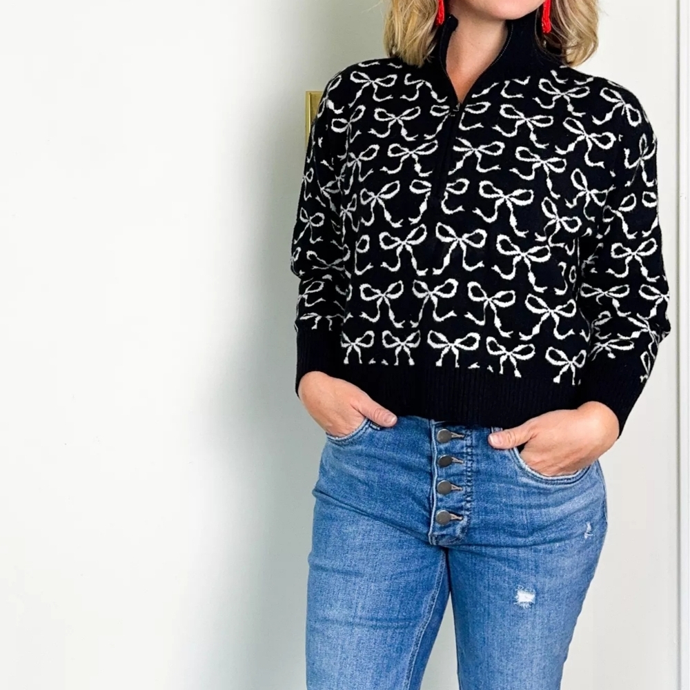 Maeve Anthropologie The Montana Mock-Neck Half-Zip Sweater‎ Black Bow Print Sz M - Picture 7 of 11